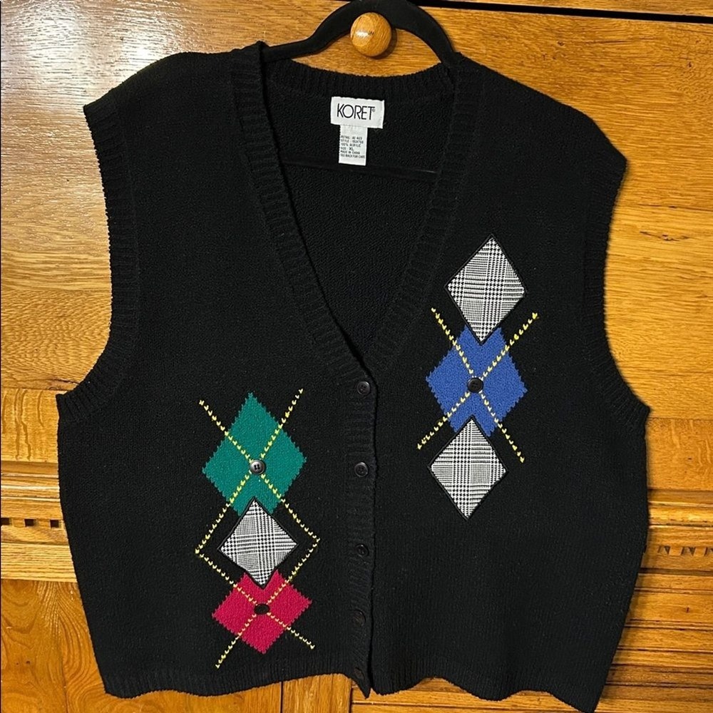 90s Vintage Argyle Sweater Vest Womens XL‎ Black Button Front V-Neck Knit Preppy